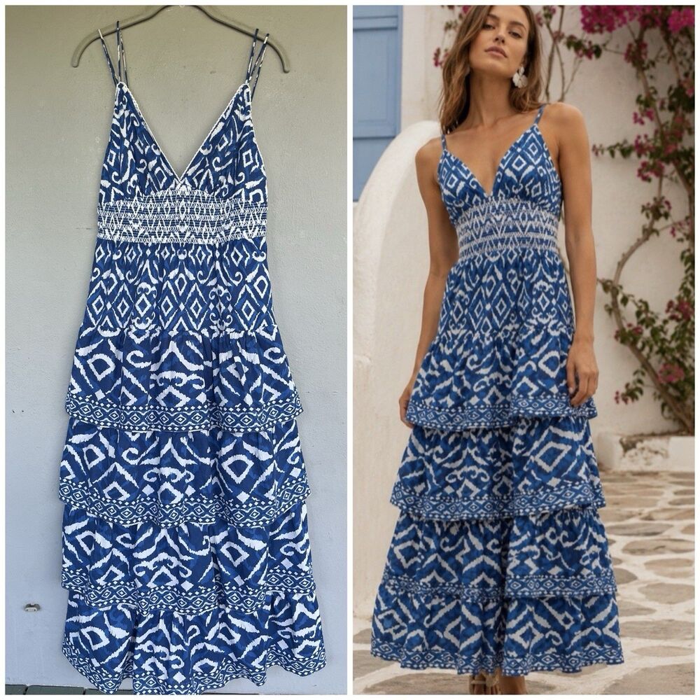 Caroline Constas Boho Maxi Dress M Blue White Ikat Smocked Tiered Cottagecore